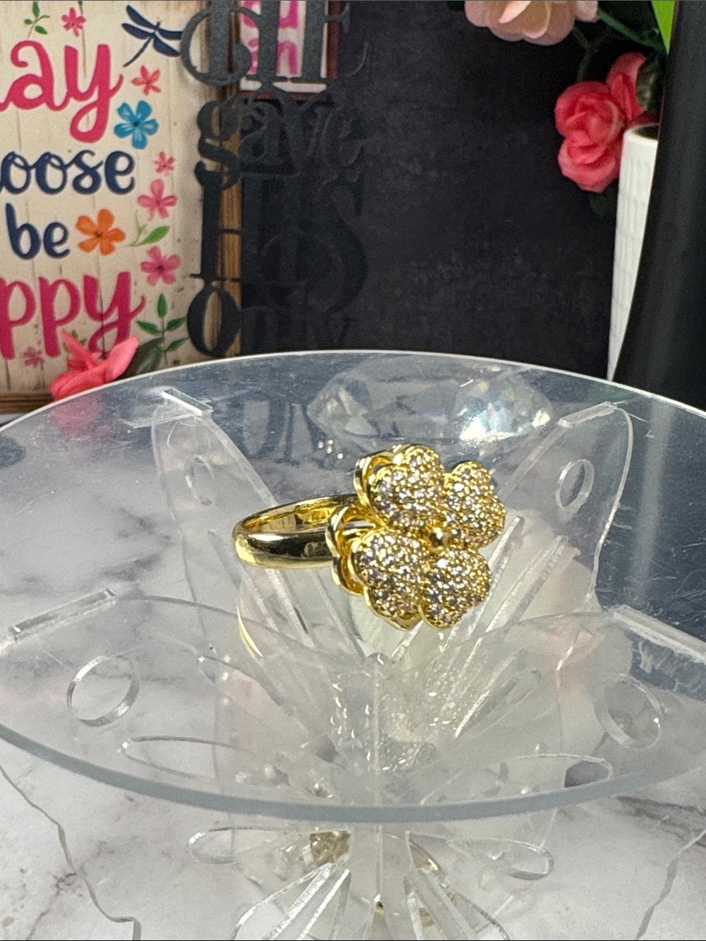 Gold Pave Four-Leaf Clover Ring - Women Jewelry